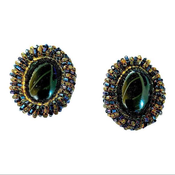 Black onyx gold blue hand beaded oval pierced earrings Artist designed Vtg - Picture 3 of 4